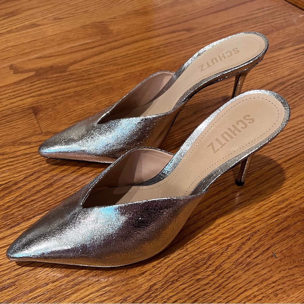Schutz Charla Mule- Prata Silver Crackled Leather- Size 9